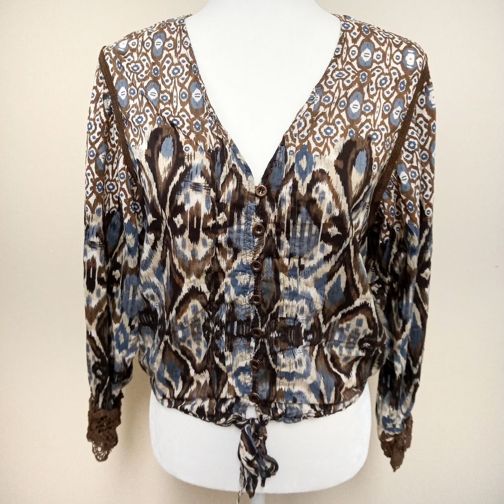 Crochet Lace Button Down Tie Front Long Sleeve Top